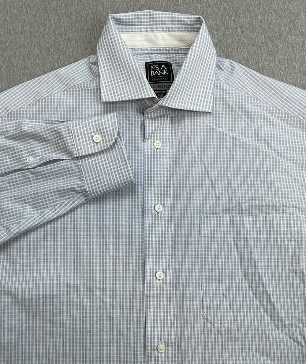 Jos A Bank Shirt Mens 16 - 34 Check Cotton Blend Stretch‎ Button Up Tailored Fit